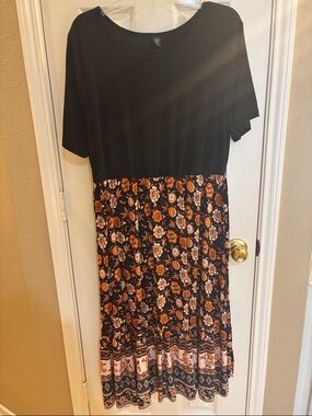 SHEIN Black Top Orange Floral Midi Dress
